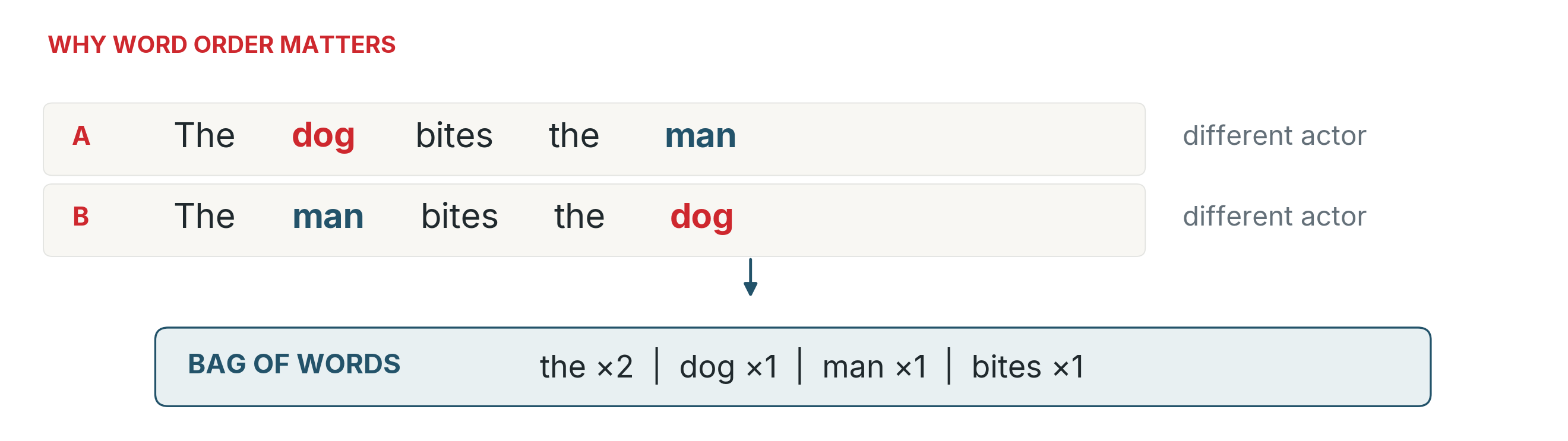 Two sentences with dog and man exchanging positions, both leading to an identical bag-of-words count.